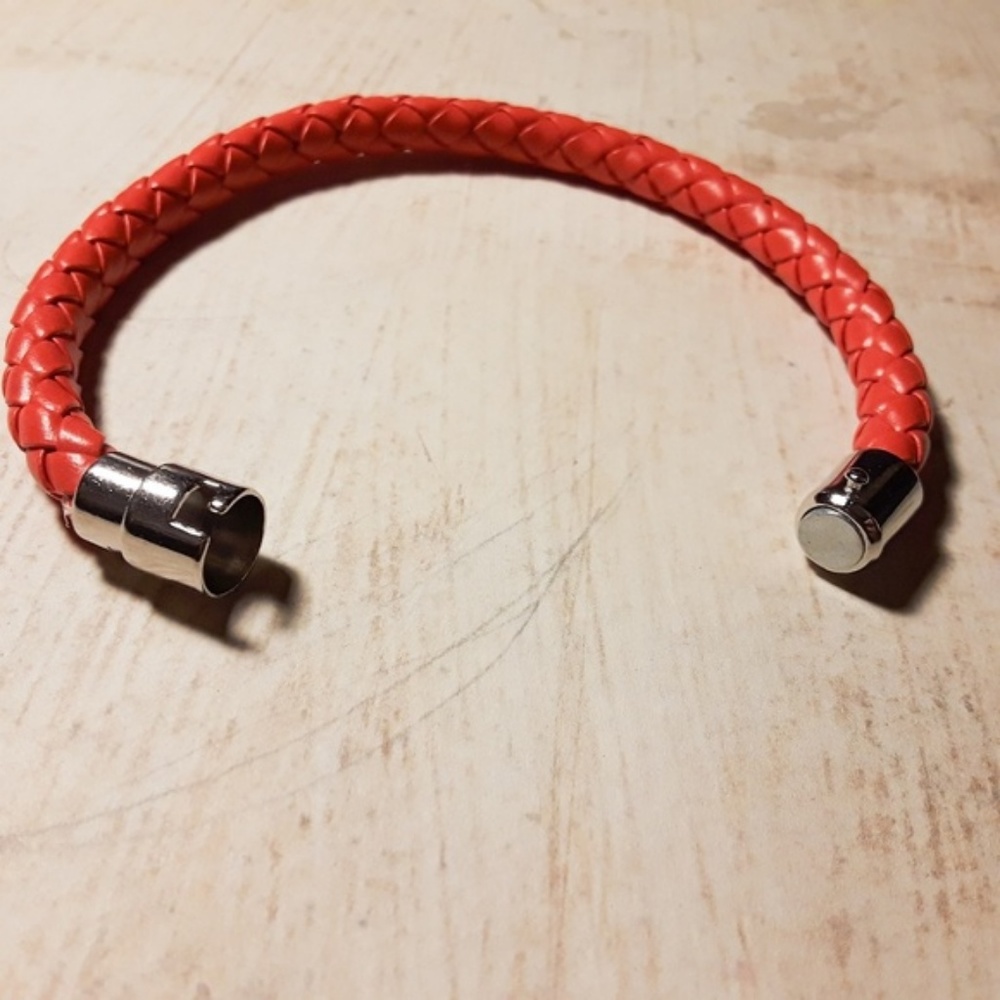Stainless Steel Red Braid Leather Men's Bracelet - Picture 3 of 6